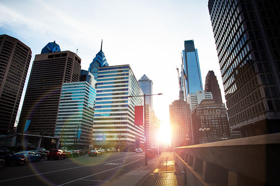 Contact - View of Buildings in Downtown Philadelphia at Sunset